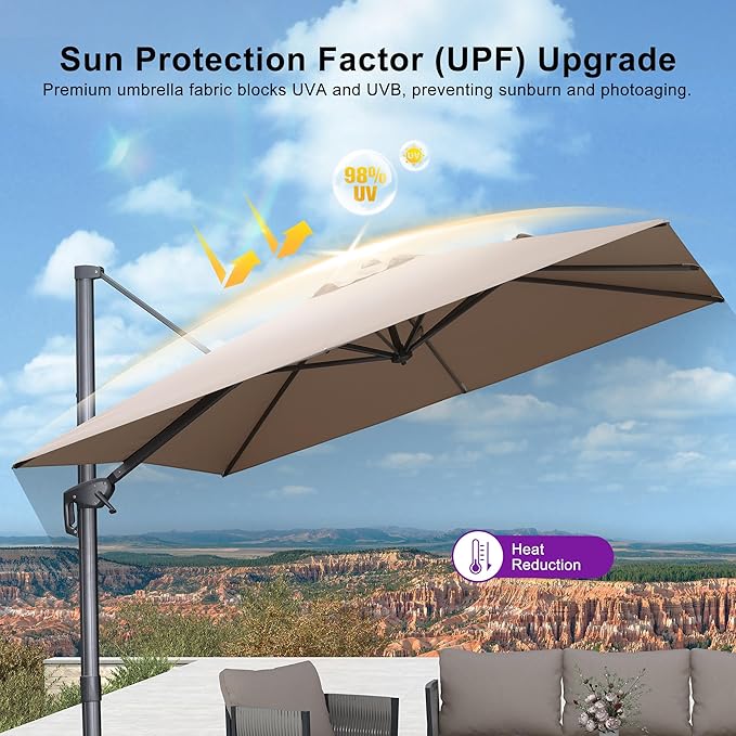PURPLE LEAF 10 FT Outdoor Umbrella with Base Patio Cantilever Aluminum Umbrella with 3 Years Fade Resistance Recycled Fabric Offset Square with 360-degree Rotation for Deck Pool Garden, Sand Dune Rootora