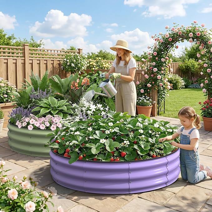 Kesfitt Round Raised Garden Bed, 4x4x1 FT Galvanized Steel Metal Garden Bed, Open-Bottom Design, 12-Inch Deep Outdoor Raised Garden Bed for Vegetables & Herbs, Lavender Purple Kesfitt
