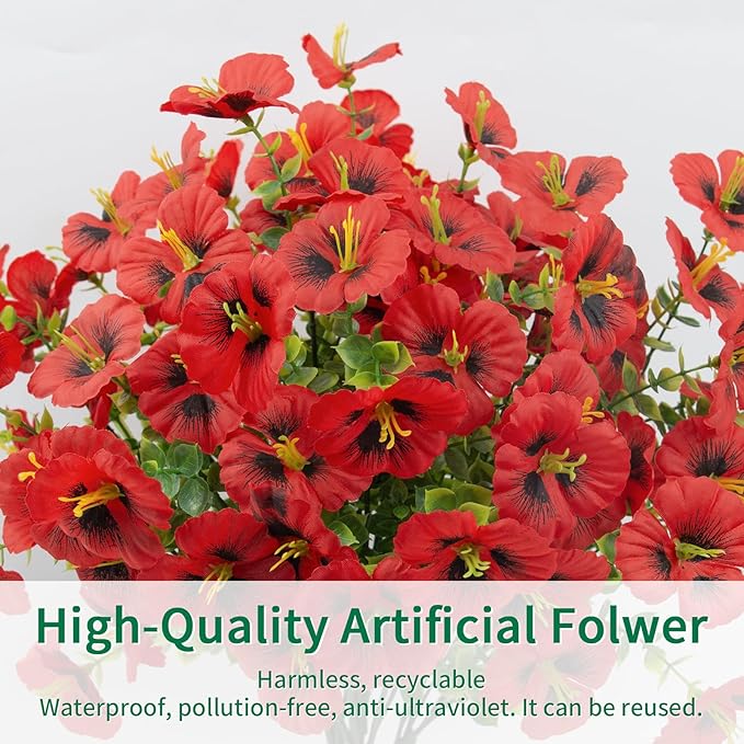 12 Bundles Artificial Pansy Flowers for Outdoor, Faux Silk Pansies Spring Flowers Outside for Planter Front Door Porch Patio Yard Window Box Home Decor (Red) Griine