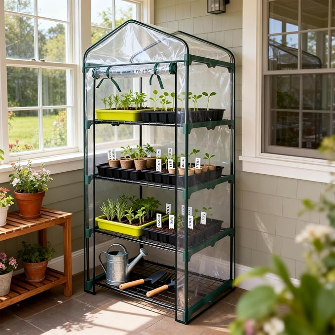 Worth Garden 4 Tier Mini Greenhouse - 63'' H x 27'' L x 19'' W - Sturdy Portable Gardening Shelves with PVC Cover - Small Green House Use in Indoor & Outdoor for Plants Flowers WORTH
