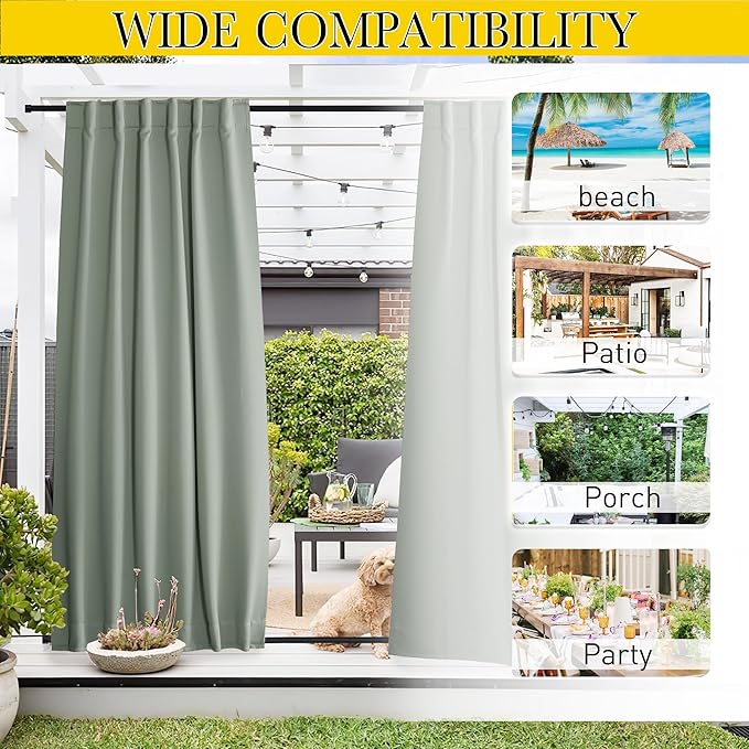 NICETOWN 2 Panels Outdoor Curtains Waterproof Pocket & Back Tab on Top & Bottom, Thermal Insulated Windproof Sun Blocking Outside Privacy Drapes for Patio with Fixed Rope, W84 x L95, Sage Green NICETOWN