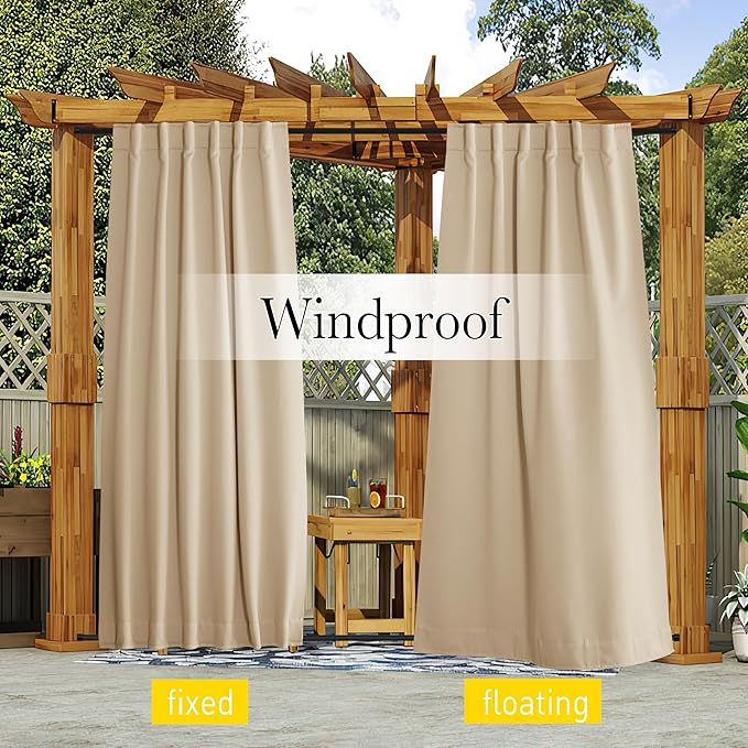 NICETOWN 2 Panels Outdoor Curtains for Patio Waterproof, Top & Bottom Fixed Waterproof Outdoor Drapes with Free Rope, Privacy Sun Blocking Shades for Gazebo, Pergolas, Biscotti Beige, W52 x L84 NICETOWN