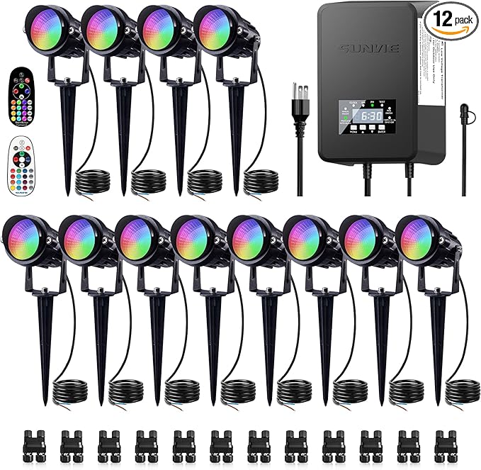 SUNVIE 12 Pack RGBW Color Changing Landscape Lights with 300W Low Voltage Landscape Transformer 12-24V LED Landscape Lighting Kit Waterproof Multicolor Spotlights for Christmas House Yard Tree Garden SUNVIE