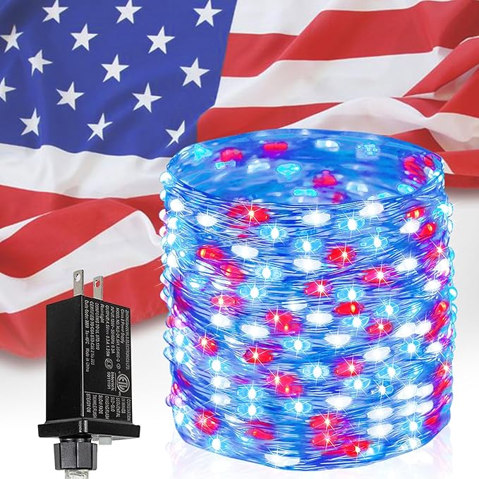 66Ft 200 LED Red White and Blue Fairy Lights Plug in, July 4th Waterproof String Lights 8 Modes with Timer for Indoor and Outdoor, American Flag Twinkle Lights for Independence Day, National Day BHCLIGHT