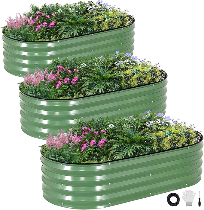 INNO STAGE 3Pcs Galvanized Raised Garden Bed Kit, Outdoor Metal Raised Garden Beds for Vegetables, Rust-Resistant & Easy Assembly, 4x2x1ft Oval Raised beds for Gardening, Flowers, Herbs (Olivergreen) INNOSTAGE