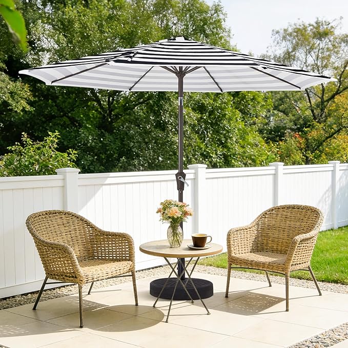 MEWAY 9ft Patio Umbrella Outdoor Table Umbrellas with Push Button Tilt and Crank, Market Umbrella 8 Sturdy Ribs for Deck, Garden, Pool and Backyard, Black-white-striped MEWAY