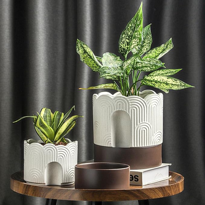 Nihow Self Watering Plant Pot: 8 Inch Ceramic Planter with Drainage Hole & Water Storage Plus - Relief Design Self Watering Pot for Indoor Plants - Beige & Brown Flower Pot Nihow