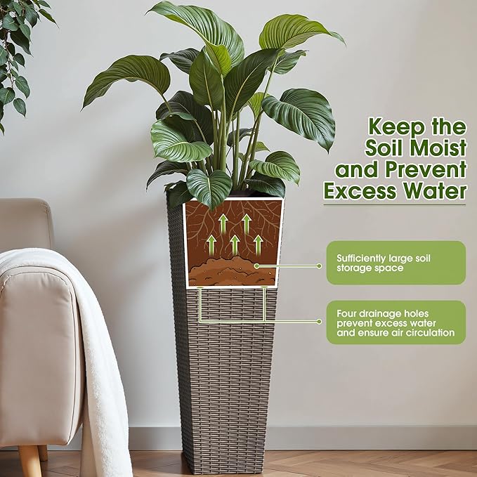 Devoko Resin Tall Planters for Outdoor Plants Set of 2, Large Taper Outdoor Planter Pots with 4 Drainage Holes, Flower Pots Modern Decor for Porch, Patio, Backyard, Home Garden (Brown, 32") DEVOKO