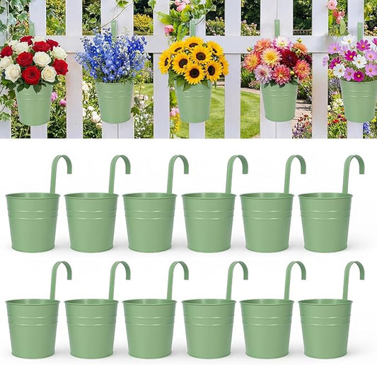 HowRU Hanging Flower Pots, Railing Planter Box for Outdoor Plants 12 Pack 5 Inch Metal Hanging Planters with Detachable Hooks Balcony Window Fence Garden Decoration Flower Boxes (Green) HowRU