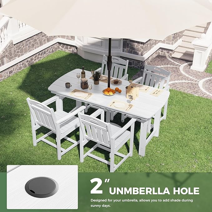 HDPE Outdoor Patio Dining Set with Table & 4 Chairs, All-Weather 5-Piece Outdoor Table and Chairs, 2" Umbrella Hole, Patio Furniture for Garden, Backyard, Deck | White Suunyn