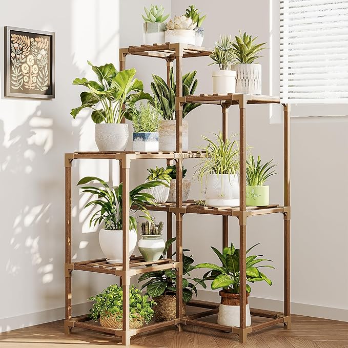 Bamworld Plant Stand Indoor Plant Shelf Outdoor Corner Wood Plant Table 7 Pots Flower Stands for Living Room Plant Rack Indoor for Multiple Plants Patio Balcony Garden Decor Bamworld
