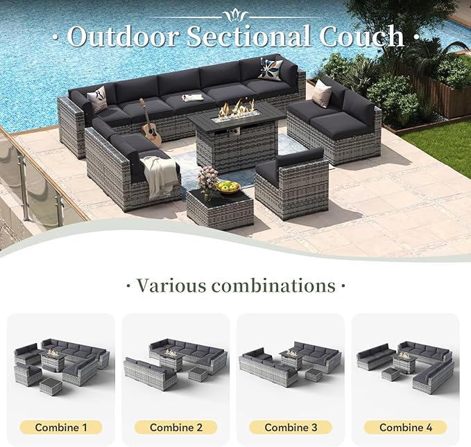 Aoxun 12 Piece Patio Furniture Set with 44” Fire Pit Table Wicker Rattan Outdoor Sectional Sofa Set with Coffee Table and Thickened Cushions, Grey/Black (Waterproof Cover Included) Aoxun