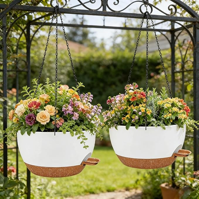 2 Pack 12 Inch Self Watering Hanging Planters for Indoor Plants, Large White Brown Plastic Hanging Pots with Chains for Outdoor Patio Garden Home Decor White Brown zople