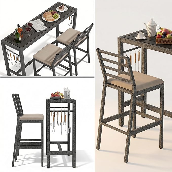3Pcs Outdoor Patio Bar Set, 55" Rectangular High Top Table and Chairs Set with 2 Cushioned Bar Stools & Cover,Metal Pub Height Bistro Table Set for Balcony, Backyard, Porch, Deck,Garden, Pool Liskanap
