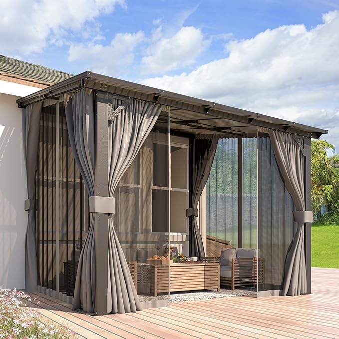 AECOJOY 12' x 8' Gazebo Outdoor Pergola with Curtains and Netting, 8'x12' Hard Top Lean to Pergolas and Gazebos Clearance with Patio Roof, Large Wall-Mounted Heavy Duty Awnings for Patio, Decks AECOJOY