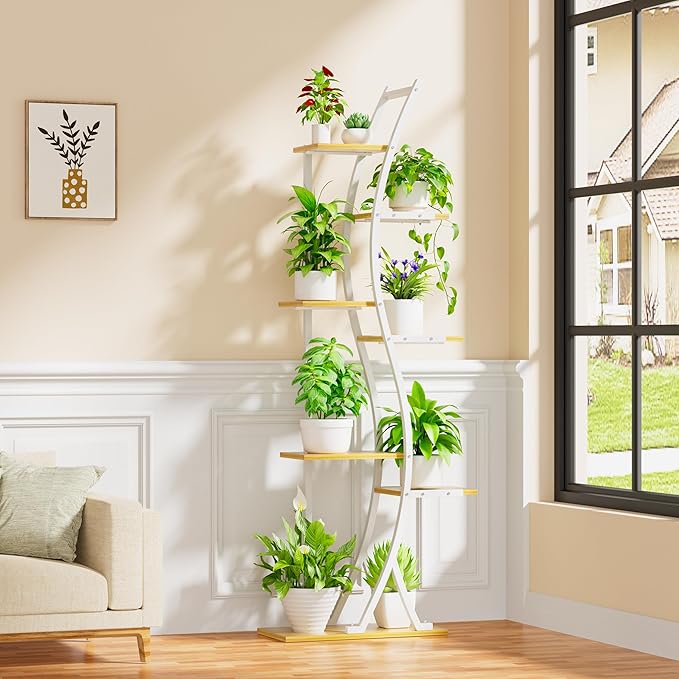 62" Plant Stand Indoor with Grow Lights - 7 Tiered Tall Metal Plant Shelf - Corner Wooden Plant Stand for Indoor Plants Multiple, Large S-Shape Flower Rack Holder for Living Room, Garden, Patio Decor MJOMKN