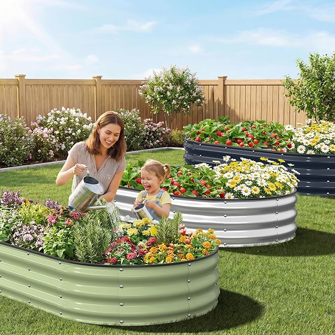 Kesfitt Raised Garden Bed, 6x3x1 FT Galvanized Steel Metal Raised Garden Bed, Oval Open-Bottom Design, 12-Inch Deep for Outdoor Vegetable & Herb Gardening, Fruit Green Kesfitt