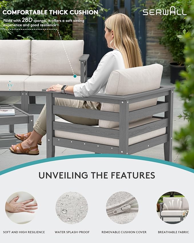 SERWALL HDPE Patio Furniture Set, 4 Pieces Outdoor Sectional Sofa Set, All-Weather Wood-Like Outdoor Sofa Couch with Coffee Table for Deck, Lawn, Grey Frame with Khaki Cushion SERWALL