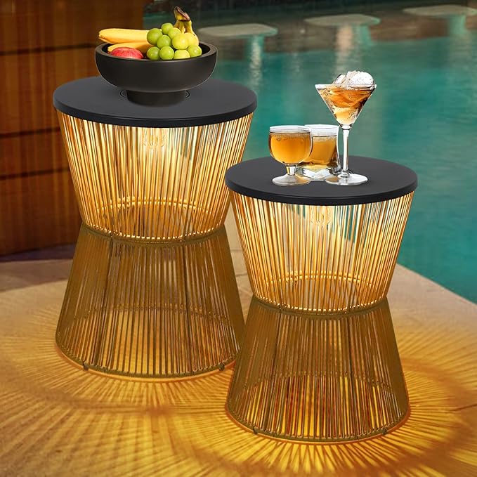 HMVPL Solar Outdoor Side Table with Dimmable Light, Patio Side Tables for Outside, Round Outdoor End Tables Set of 2, Plastic Rattan Patio End Accent Table for Poolside Backyard Gazebo, Dusk to Dawn HMVPL
