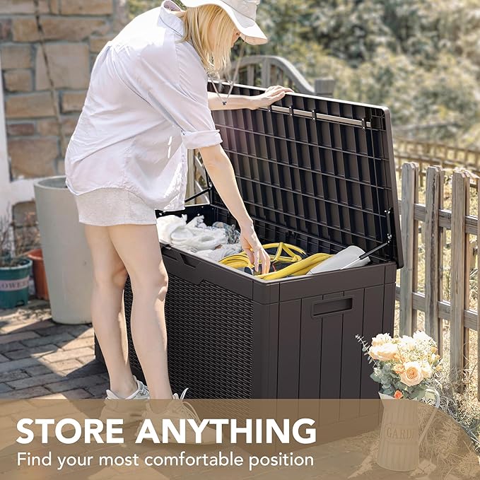 Devoko 100 Gallon Waterproof Large Resin Deck Box Indoor Outdoor Lockable Storage Container for Patio Furniture Cushions Garden Tools (100 Gallon, Dark Brown) DEVOKO