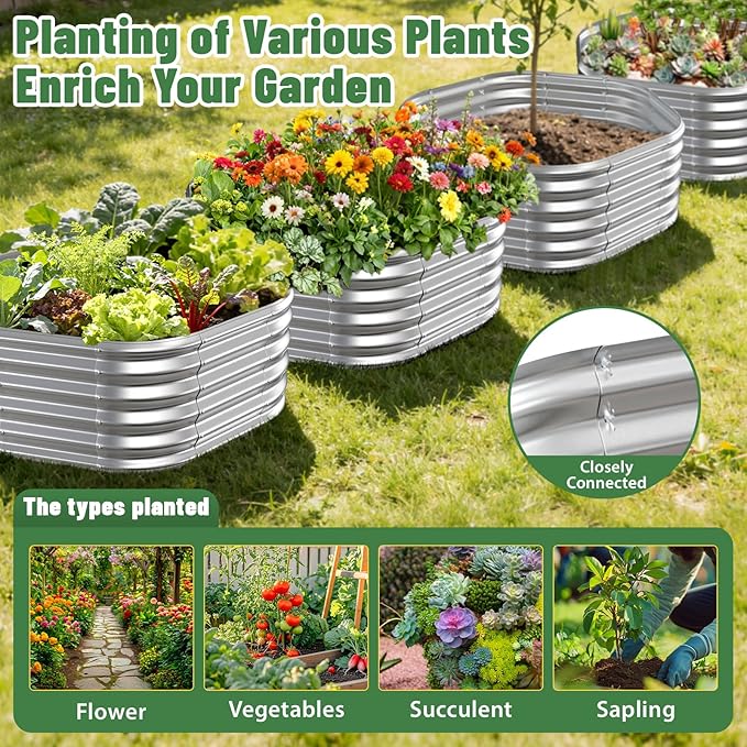 Hexagon Raised Garden Bed, 48 Inch Diagonal & 16.5 Inch Tall, Galvanized Steel Planter Box with Wave-Shaped Metal Panels for Outdoor Flower,Tree,Herb & Vegetable Garden (Silver, 4FT X 1.5FT) Rootora