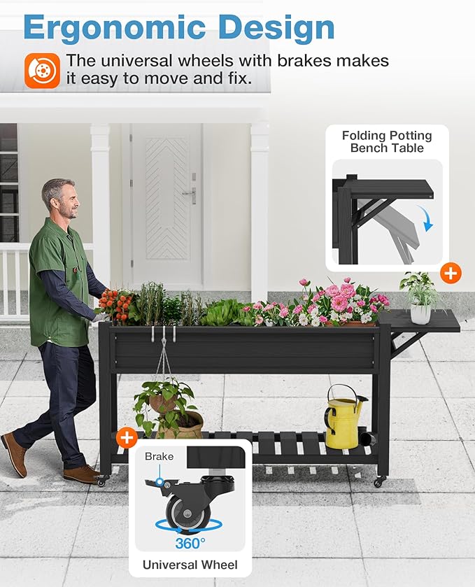 YEFU Raised Garden Bed with Legs: 57x18x30in Weight Capacity 400lb - Waterproof Raised Planter Box with Wheels - Elevated Garden Bed with Storage Shelf - Weather Resistant - for Deck/Patio/Porch/Black YEFU