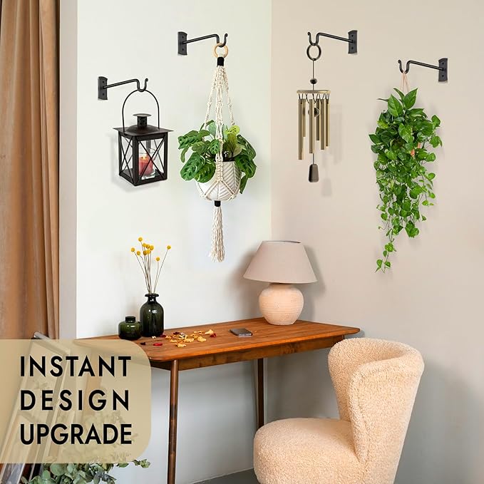 RTZEN Plant Hangers Indoor or Outdoor - Wrought Iron Metal Hanger Indoor Hook - Heavy Duty Wall Bracket Hooks for Hanging Plants Baskets Lanterns Wind Chimes - 2 Pack (Black Shepherds Hooks 10") RTZEN
