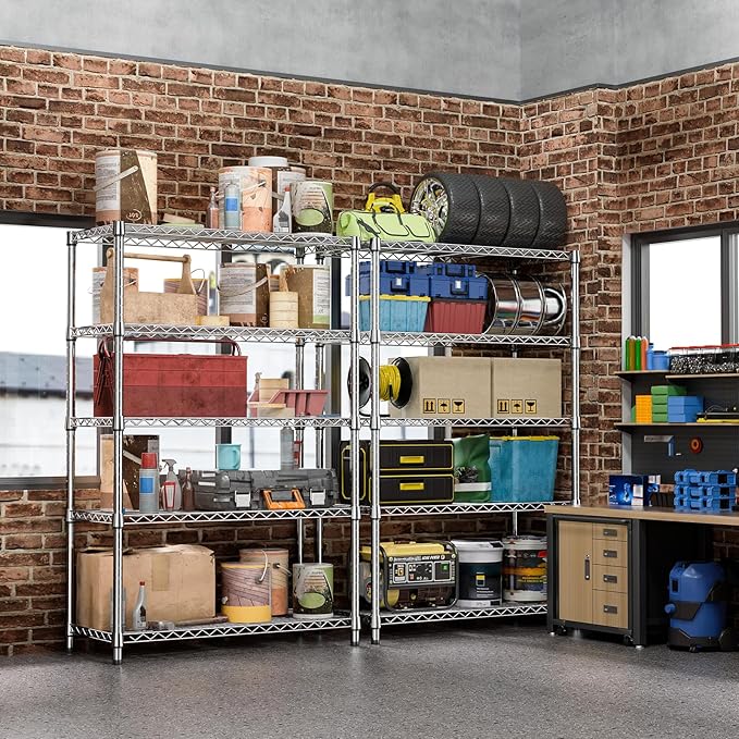 IZEUK 5-Tier Heavy Duty Metal Storage Shelving Unit (Chrome, 17.7" D x 47.2" W x 72.3" H, 1750 lbs Capacity), Adjustable Steel Wire Rack Shelf Organizer for Garage, Kitchen, Pantry, Basement, Laundry IZEUK