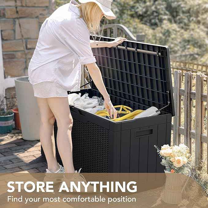 Devoko 100 Gallon Waterproof Large Resin Deck Box Indoor Outdoor Lockable Storage Container for Patio Furniture Cushions Garden Tools (100 Gallon, Black)