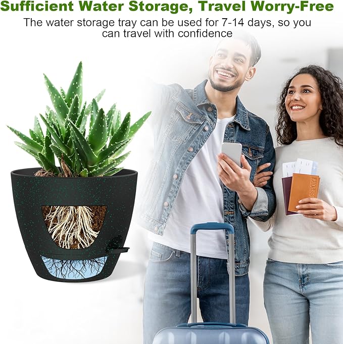 12 Inch Large Self Watering Pots, Flower Pots with Multi-Mesh Drainage Holes and Saucer, Planters for Indoor and Outdoor Garden Plants (Black with Green Speckles) Rootora