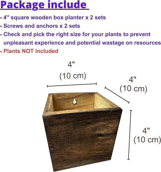 LaLaGreen Wood Planter Box for Plants (4x4 Inch, 2 Pack) Small Square Wall Planters for Indoor Plant, Window Hanging Flower Pot Wooden Boxes for Table Centerpiece Herb Balcony Home Garden Office Decor L%C3%A1L%C3%A1Green