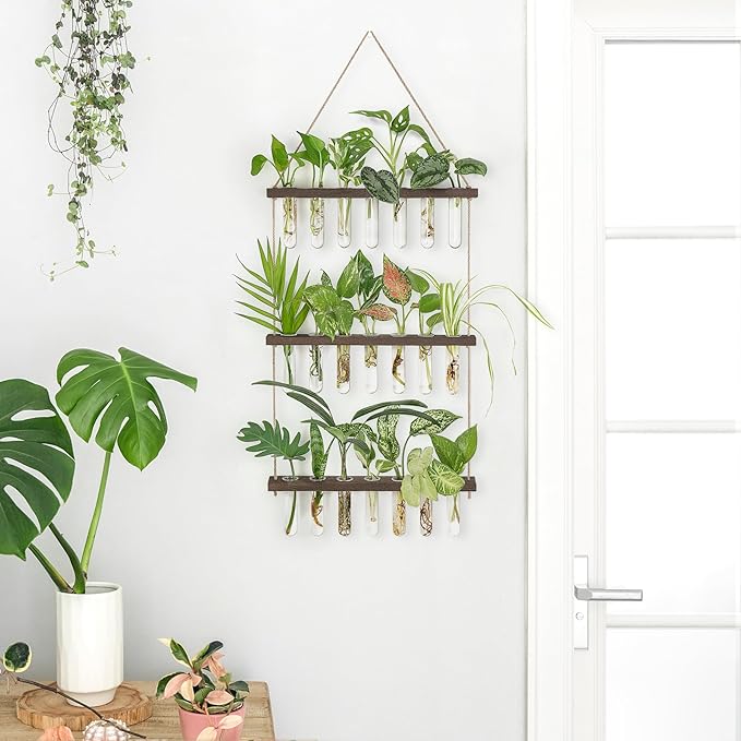 Mkono Plant Propagation Tubes, 3 Tiered Wall Hanging Terrarium with Wooden Stand & 21 Test Tube Vases for Hydroponic Plant Cutting & Home/Office Decor Mkono