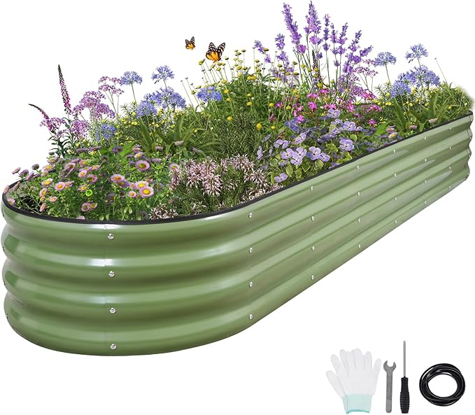 Galvanized Raised Garden Bed - 8x2x1FT Metal Planter Boxes Outdoor | Oval Steel Raised Bed Kit for Gardening with Protective Tape, Bracing Rods, Gloves for Vegetables, Flower, Herb (Green) Permade