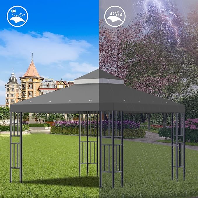 Sumfaller 10x10 FT Gazebo Replacement Canopy Top Cover Double Tiered Canopy Top Cover for Outdoor BBQ Roof Cover Grill Shelter (Grey) Rootora