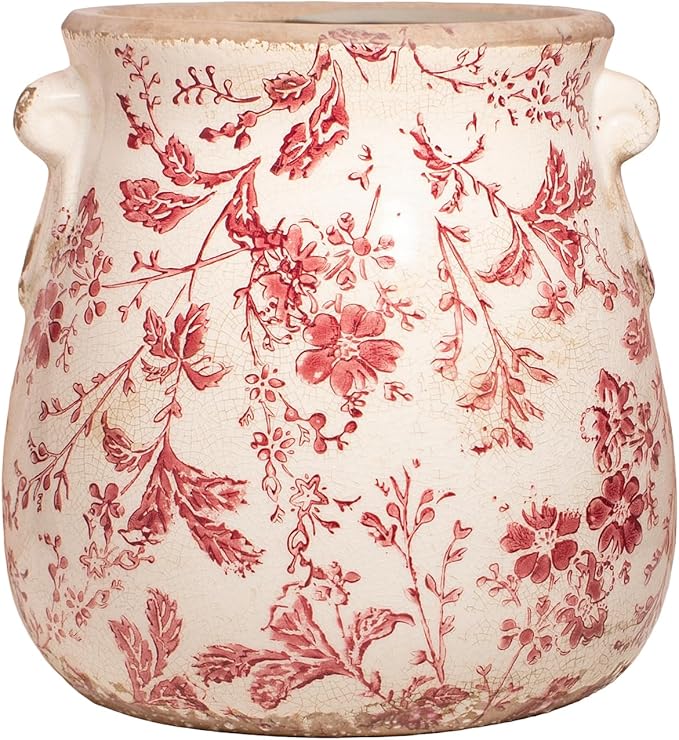 Antique Ceramic Planter & Vase for Home Decor, 6.68 Inch Rustic Farmhouse Flower Pot with Drainage Hole for Indoor Plants, Vintage Decoration for Bookshelf & Tabletop, Unique Gifts for Women (Red) XiaanJiaju