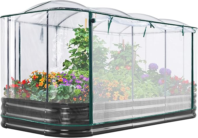 KING BIRD Raised Garden Bed with Cover Galvanized Oval Planter Garden Box 94.5x47.2x11.8 in, Clear, Outdoor for Gardening, Vegetables, Flowers KINGBIRD