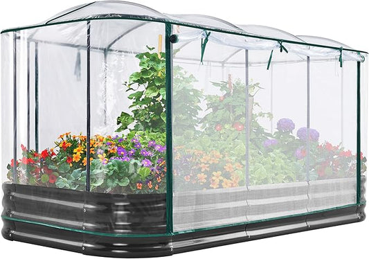 KING BIRD Raised Garden Bed with Cover Galvanized Oval Planter Garden Box 94.5x47.2x11.8 in, Clear, Outdoor for Gardening, Vegetables, Flowers KINGBIRD