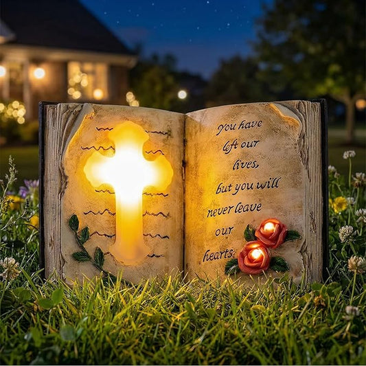Outdoor Solar Memorial Cross Stakes Lights, Waterproof Book Statue Grave Decorations Sympathy Gifts for Cemetery Garden Lawn Yard Patio Home Decor Candieslife