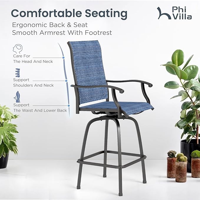 PHI VILLA Outdoor Swivel Bar Stools Set of 4, Bar Height Patio Stools & Chairs with All Weather Textilene Sling Fabric, 30 Inch High Top Tall Bar Chairs for Outside Balcony & Porch, Blue PHIVILLAThepioneerofcomfortablehouseholdsupplies