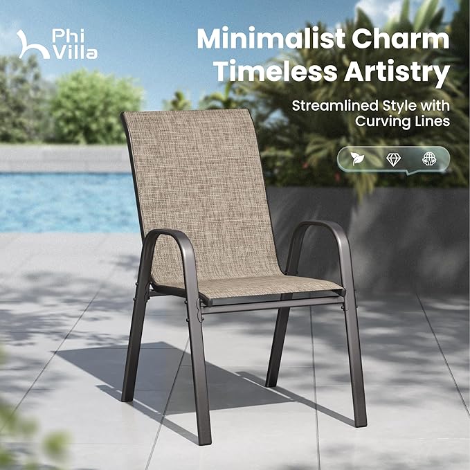 PHI VILLA Patio Chairs Set of 4, Outdoor Stackable Dining Chairs with E-Coating Metal Frame and Upgraded Textilene Fabric, All Weather Deck Chair 350 LBS Capacity for Porch Poolside Garden PHIVILLAThepioneerofcomfortablehouseholdsupplies