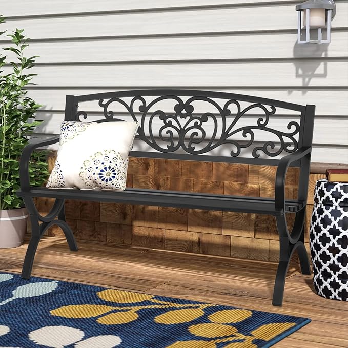 Patio Garden Bench 50 inch Outdoor Metal Loveseat Chairs with Armrests Slatted Seat and w/Floral Design Backrest for Park, Yard, Porch, Lawn, Balcony, Backyard, Black FDW