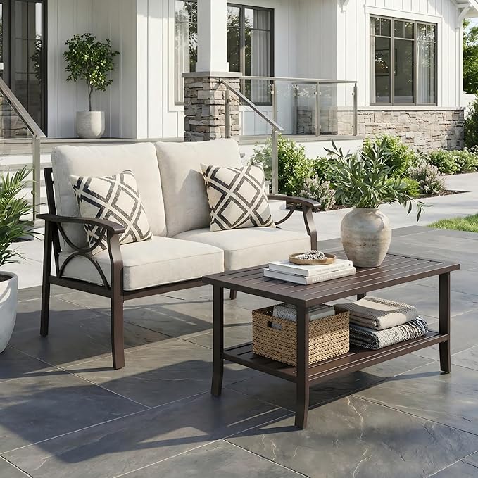 RoyalCraft 2-Pieces Outdoor Patio Furniture Set, Outdoor Metal Sectional Furniture with Cushions, Outdoor Conversation Set with Coffee Table for Backyard, Garden, Balcony, Deck, Beige Bringyoubetterlife