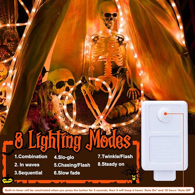 50ft LED Rope Lights Outdoor, 360 LED Connectable and Flexible Tube Lights with 8 Modes, Waterproof Indoor Outdoor LED Rope Lighting for Deck, Garden, Pool, Patio, Party, Holloween Decoration (Orange) Jnaurb