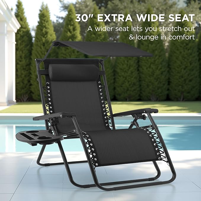 Best Choice Products 30” Wide Folding Zero Gravity Outdoor Recliner Patio Lounge Chair w/Adjustable Canopy Shade, Headrest, Side Accessory Tray - Black BestChoiceProducts