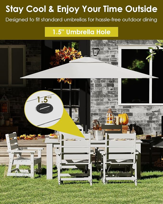 GREENVINES 7-Piece Outdoor Dining Set | HDPE | Patio Table and Chairs Sets for 6 | Patio Furniture | All Weather | Umbrella Hole | White | for Backyard Poolside Garden GreenVines