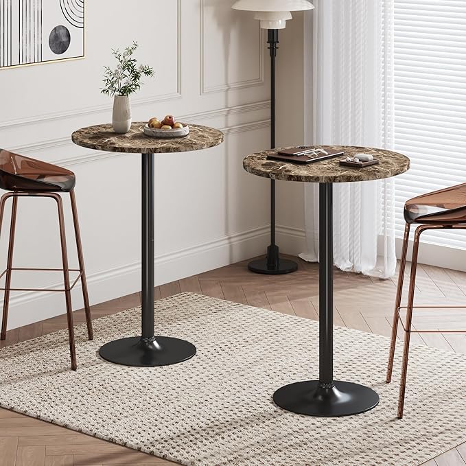 Flamaker Round Bistro Pub Table Modern Style Metal Base MDF Top Cocktail Bar Table Counter Bar Height for Pub, Dining Room, Party (2, Marble-Black) Flamaker