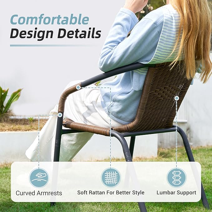 Amopatio Outdoor Dining Chairs Set of 6, Rattan Wicker Patio Chairs, Stackable Indoor-Outdoor Chairs, Bistro, Deck, Yard, Porch, 6 Pack, Brown Amopatio