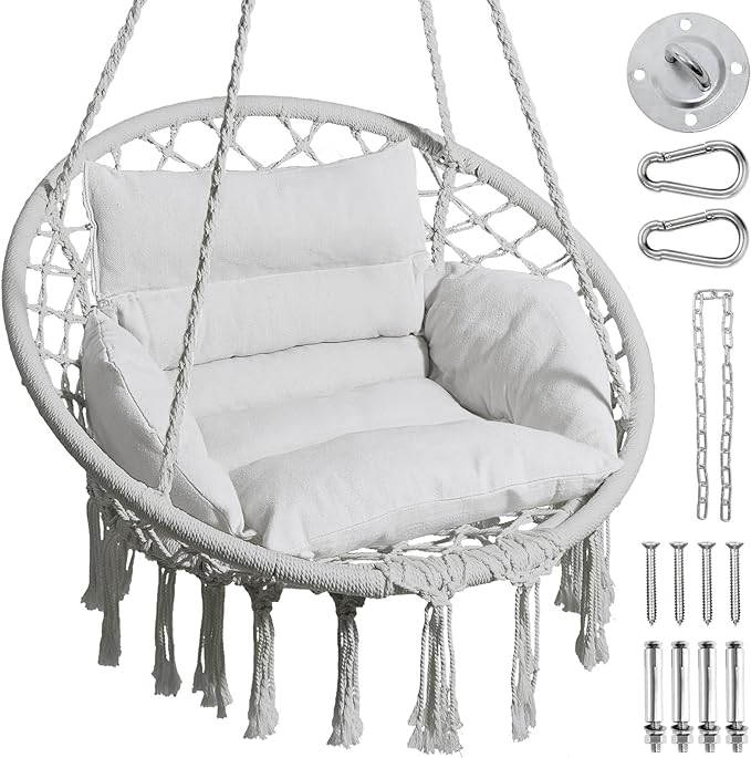 Greenstell Hammock Chair, Macrame Swing Chair with Comfy Cushion, Boho Hanging Chair for Outdoor & Indoor, Perfect for Bedroom, Patio, Balcony, Hold up to 330Lbs, Grey Greenstell