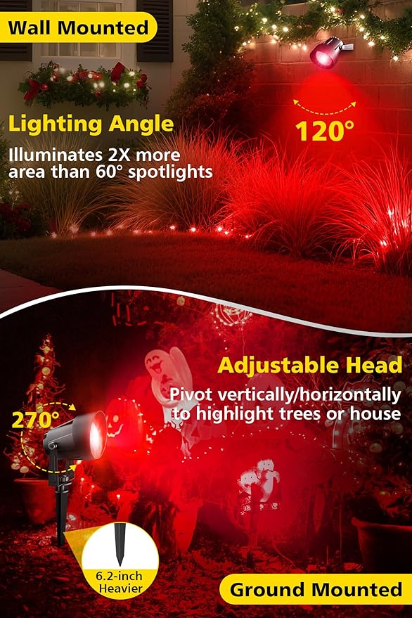 T-SUN Red Spotlight Outdoor, Waterproof LED Landscape Lighting with US Plug, Easy Install 270° Adjustable Outdoor Spot Lights for Garden Tree Yard Decor T-SUN