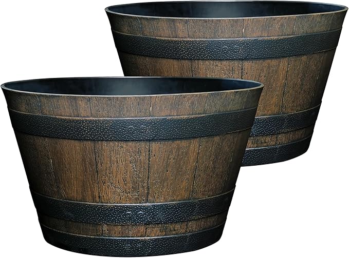 Classic Home and Garden Outdoor Whiskey Resin Flower Pot Barrel Planter, Walnut Brown, 20.5" (2 Pack) ClassicHomeandGarden